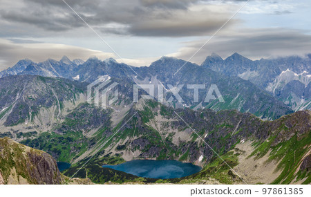 Tatra Mountain view to group of glacial lakes from path Kasprowy Wierch to Swinica mount, Poland. 97861385