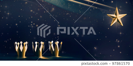 three shiny crowns and a star in the sky. Epiphany and three kings day holiday celebration night banner. 6 January three shiny crowns and a star in the sky. Epiphany and three kings day holiday celebration night banner. 6 January 97861570