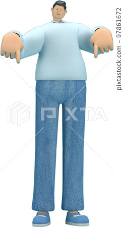 cartoon character wearing jeans and  long shirt. He is expression  of body and hand when talking. 3d rendering in acting. 97861672