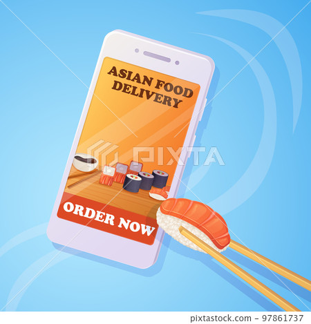 Chopsticks get nigiri sushi through the smartphone screen. Square poster on blue backhround 97861737