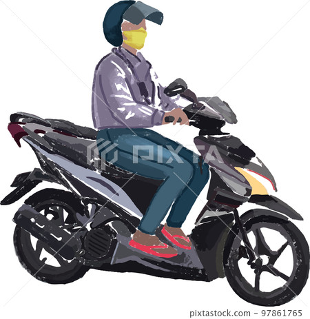 biker on a motorbike in a mask and helmet 97861765