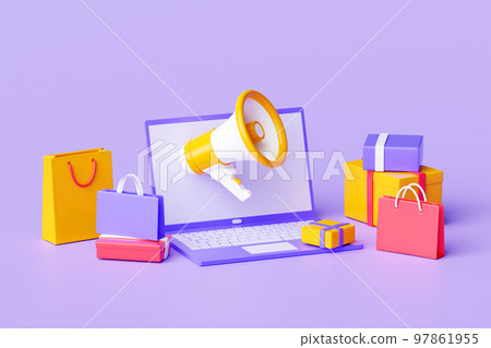 Online shopping sale announcement - 3d render laptop with loudspeaker , shopping bags and gift boxes. 97861955