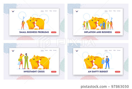 Crisis, Debt, Bankruptcy Landing Page Template Set. Tiny Business Characters at Huge Broken Piggy Bank. Finance Problems 97863030
