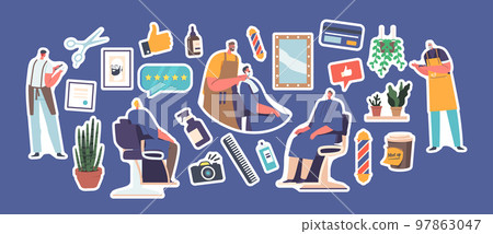 Set of Stickers Male Characters Visit Barbershop for Haircut. Hairdresser Barber, Client In Men Beauty Salon Patches 97863047