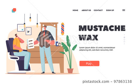Mustache Wax Landing Page Template. Hairdresser Master and Customer in Barbershop Salon. Barber Offer to Client 97863138