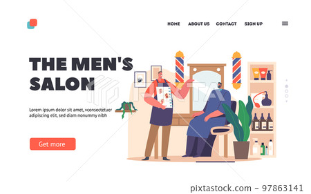 Barbershop Services, Men Salon Landing Page Template. Barber Offer to Client Beards Styles Showing Samples in Palette Barbershop Services, Men Salon Landing Page Template. Barber Offer to Client Beards Styles Showing Samples in Palette 97863141