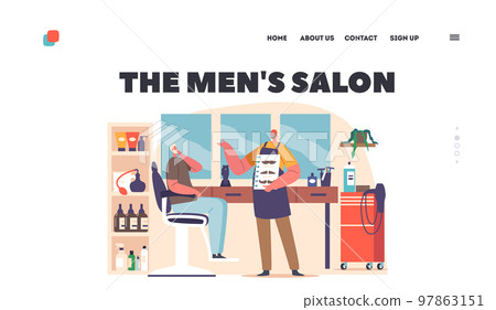 Men Salon Landing Page Template. Barbershop Services Concept with Barber Offer to Client Mustaches Style Illustration Men Salon Landing Page Template. Barbershop Services Concept with Barber Offer to Client Mustaches Style Illustration 97863151