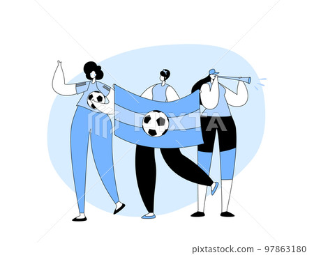 Women Football Fans Wear T-shirts Holding Banner Cheering For Goal. Girls Supporters Cheering Watching Match Women Football Fans Wear T-shirts Holding Banner Cheering For Goal. Girls Supporters Cheering Watching Match 97863180