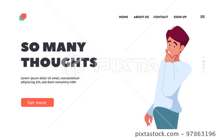 Thoughtful Person Landing Page Template. Young Pensive Man Isolated on White Background. Male Character Thinking 97863196