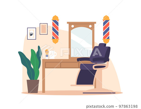 Barber Shop Interior, Men Salon with Chair, Desk, Mirror and Poles. Male Barbershop Beauty Parlor in Hipster Style Barber Shop Interior, Men Salon with Chair, Desk, Mirror and Poles. Male Barbershop Beauty Parlor in Hipster Style 97863198