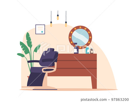 Barber Shop or Beauty Salon Interior with Chair, Desk, Mirror and Cosmetics. Male Barbershop or Parlor for Haircut Barber Shop or Beauty Salon Interior with Chair, Desk, Mirror and Cosmetics. Male Barbershop or Parlor for Haircut 97863200