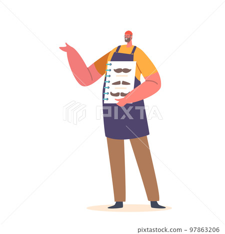 Barber Male Character Holding Samples of Mustaches Styles Isolated on White Background. Hairdresser Master Wear Apron Barber Male Character Holding Samples of Mustaches Styles Isolated on White Background. Hairdresser Master Wear Apron 97863206