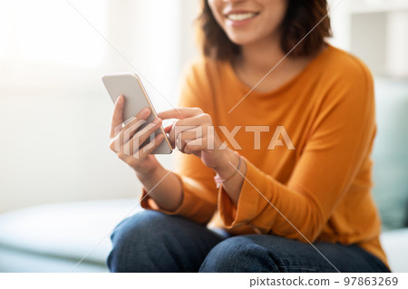 Online Shopping. Smiling Young Female Using Modern Smartphone At Home 97863269
