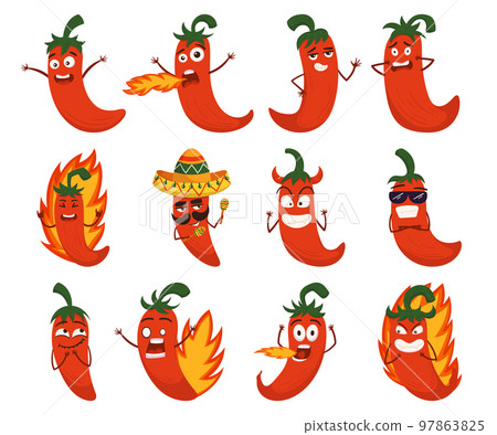 Set Of Red Spicy Chilli Pepper Characters With Different Emotions. Hot Jalapeno With Smiling Face, Burning Fire 97863825