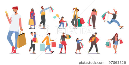 Set of People doing Shopping, Run for Sale Isolated on White Background. Male Female Characters and Kids with Bags 97863826