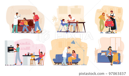 Set Parents Care of Children, Mother and Father Characters Invite Doctor, Feeding, Cutting Hair in Salon, Cooking Food 97863837