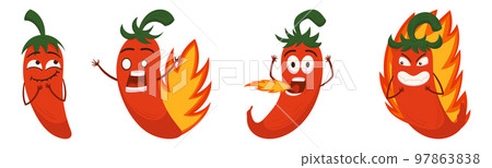 Extremely Super Hot Red Spicy Chilli Pepper Character. Hot Mexican Jalapeno With Smiling Or Yelling Face, Cayenne Chili 97863838
