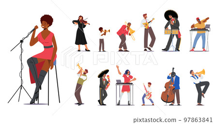 Set of Characters Play Music. Adults and Children with Musical Instruments Violin, Balalaika, Drums and Trumpet, Maracas 97863841