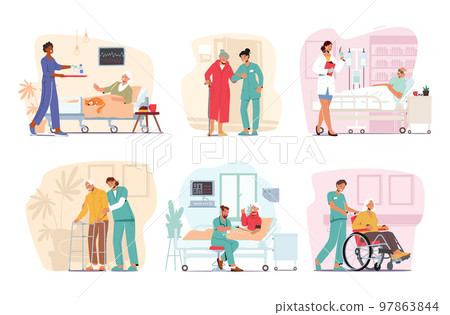 Set Medical Care of Elderly People Concept. Medics Help Old Disabled People in Nursing Home or Clinic 97863844