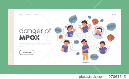 Danger of Mpox Diagnosis Landing Page Template. Little Boy Character with Monkey Pox Virus Symptoms. Sick Baby 97863845