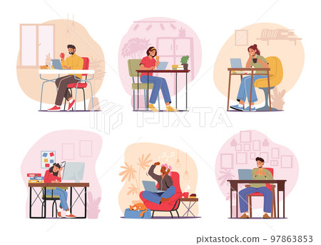 Set Men And Women Freelancers Characters Working From Home On Computers, Drink Coffee, Eating, Listen Music At Workplace Set Men And Women Freelancers Characters Working From Home On Computers, Drink Coffee, Eating, Listen Music At Workplace 97863853