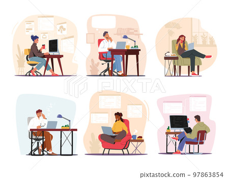 Set Working Process In Office Or Home Workplace. Men And Women Characters Working On Computers, Drink Coffee, Thinking Set Working Process In Office Or Home Workplace. Men And Women Characters Working On Computers, Drink Coffee, Thinking 97863854