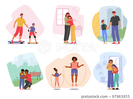 Set Parents Spend Time with Children Isolated on White Background. Father and Mother Character Support Daughter or Son Set Parents Spend Time with Children Isolated on White Background. Father and Mother Character Support Daughter or Son 97863855