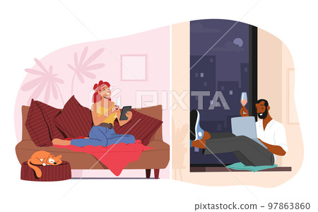 Young Male and Female Characters Virtual in Relations. Woman with Smartphone and Man with Laptop Dating Online 97863860