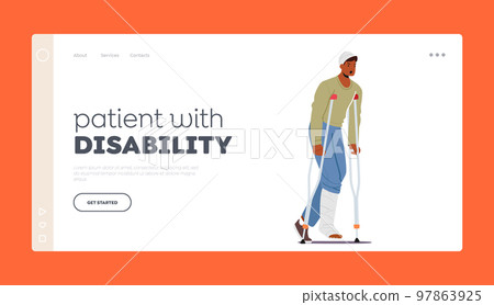 Patient with Disability Landing Page Template. Man with Leg and Head Fracture Walk on Crutches. Injured Character 97863925