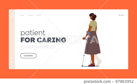 Injured Patient Landing Page Template. Woman with Leg Fracture Walk on Crutches Rear View. Character with Broken Foot 97863952