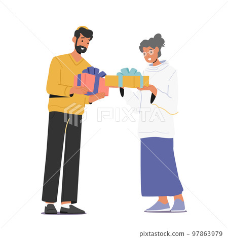 Male And Female Characters Giving Presents To Each Other For Holidays Celebration. Festive Event With Gifts 97863979