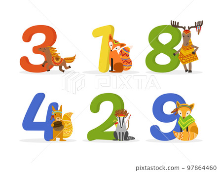Cute wild animals in American Indians ethnic costumes and 1,2,3,4,8,9 numbers. Birthday anniversary numerals cartoon vector illustration 97864460