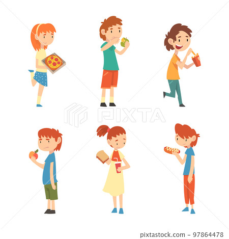 Children refusing healthy food prefer fast food dishes set. Picky kids rejecting vegetables and fruit cartoon vector illustration Children refusing healthy food prefer fast food dishes set. Picky kids rejecting vegetables and fruit cartoon vector illustration 97864478