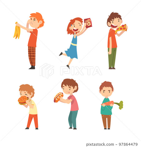 Children refusing healthy food and eating fast food set. Picky kids rejecting vegetables and fruit cartoon vector illustration Children refusing healthy food and eating fast food set. Picky kids rejecting vegetables and fruit cartoon vector illustration 97864479