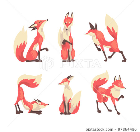 Fox in different poses set. Red and white wild forest animal cartoon vector illustration Fox in different poses set. Red and white wild forest animal cartoon vector illustration 97864486