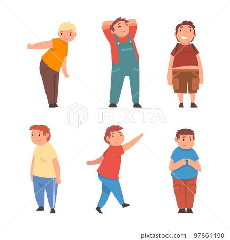 Cheerful chubby male characters set. Happy overweight young men in casual clothes cartoon vector illustration 97864490