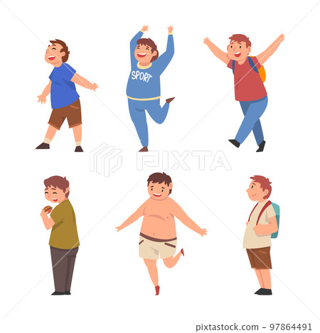 Cheerful chubby male characters set. Happy overweight men cartoon vector illustration 97864491