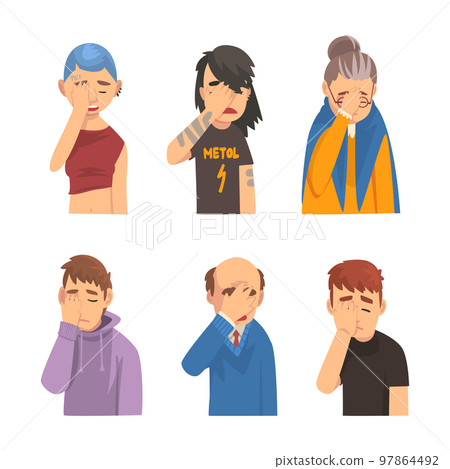 Different people showing facepalm gestures set. Men and women feeling disbelief, disappointment or shame and covering eyes with hand cartoon vector illustration 97864492