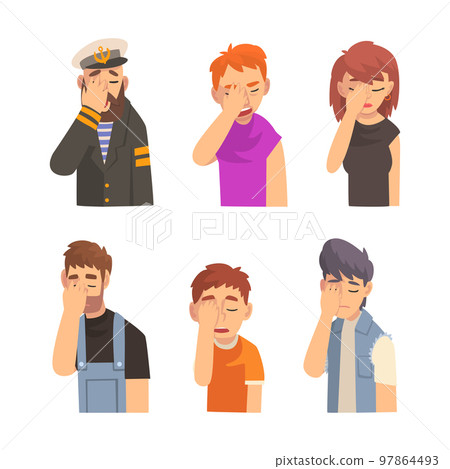 Different people showing facepalm gestures set. Men and women feeling disbelief, headache, disappointment or shame and covering their eyes with hand cartoon vector illustration 97864493