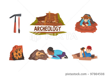 Archaeologists excavating and exploring paleontological and historical artifacts set cartoon vector illustration 97864508