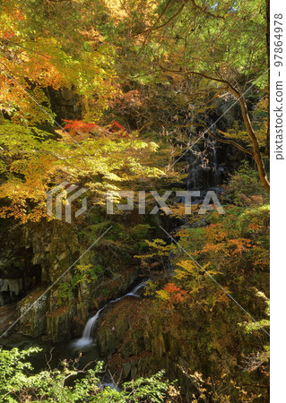 山梨縣山梨市三富上鐮口 吹吹川上的瀑布 Ichinokama 瀑布 流過 Kama 旁邊的 Kamazawa 瀑布的秋葉 山梨縣山梨市三富上鐮口 吹吹川上的瀑布 Ichinokama 瀑布 流過 Kama 旁邊的 Kamazawa 瀑布的秋葉 97864978
