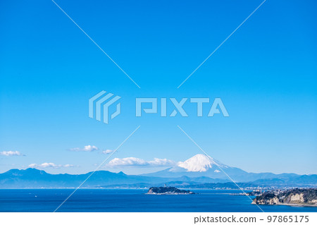 Enoshima and Mount Fuji from Zushi City, Kanagawa Prefecture 97865175