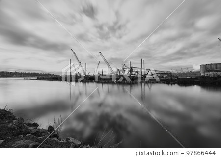 A black and white photograph of the Port of Vancouver, British Columbia, Canada A black and white photograph of the Port of Vancouver, British Columbia, Canada 97866444