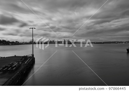 A black and white photograph of the Port of Vancouver, British Columbia, Canada 97866445