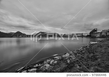 A black and white photograph of the Port of Vancouver, British Columbia, Canada 97866446
