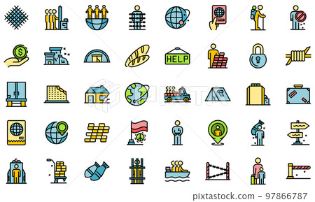 Illegal immigrants icons set. Outline set of illegal immigrants vector icons thin line color flat on white 97866787