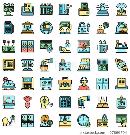Bank teller icons set. Outline set of bank teller vector icons thin line color flat on white 97866794