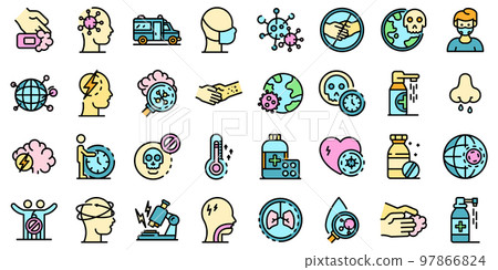 Coronavirus icons set. Outline set of coronavirus vector icons thin line color flat on white 97866824