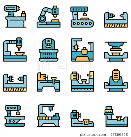 Lathe icons set. Outline set of lathe vector icons thin line color flat on white Lathe icons set. Outline set of lathe vector icons thin line color flat on white 97866838