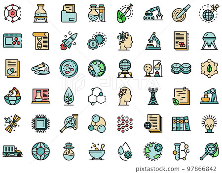 Nanotechnology icons set. Outline set of nanotechnology vector icons thin line color flat on white 97866842